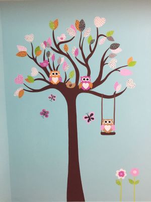 decorazione parete - Albero con foglie e gufetti